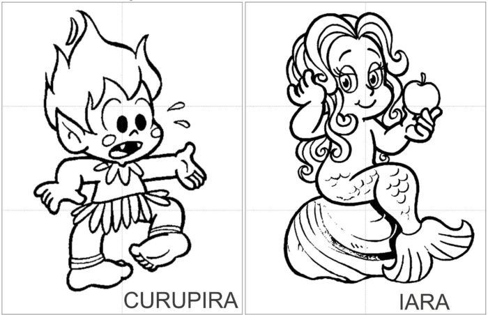 Desenho para colorir: Curupira e Iara, personagens do folclore brasileiro. Atividade infantil para aprender sobre a cultura do Brasil.