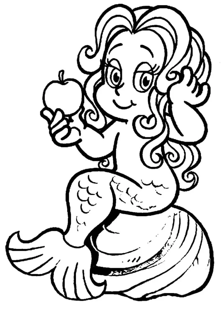Desenho da Iara para colorir: Sereia do Folclore Brasileiro com maçã e concha