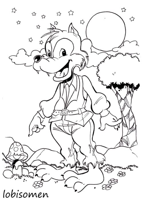 Desenho de Lobisomem do Folclore Brasileiro para Colorir: Lua Cheia, Estrelas e Cogumelo