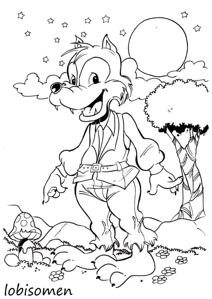 Desenho de Lobisomem do Folclore Brasileiro para Colorir: Lua Cheia, Estrelas e Cogumelo