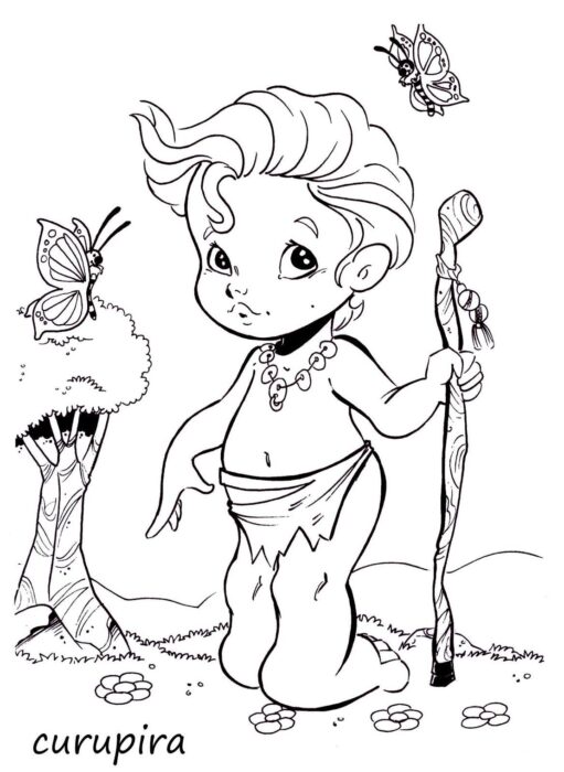 Desenho para colorir do Curupira com borboletas: Folclore Brasileiro para crianças