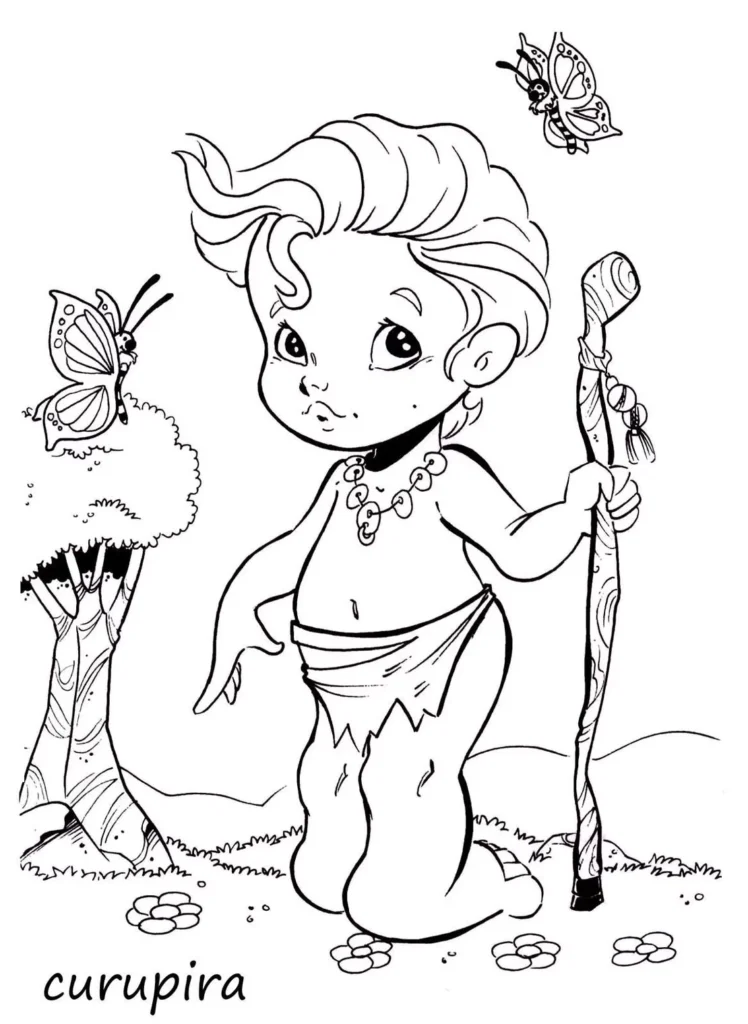 Desenho para colorir do Curupira com borboletas: Folclore Brasileiro para crianças