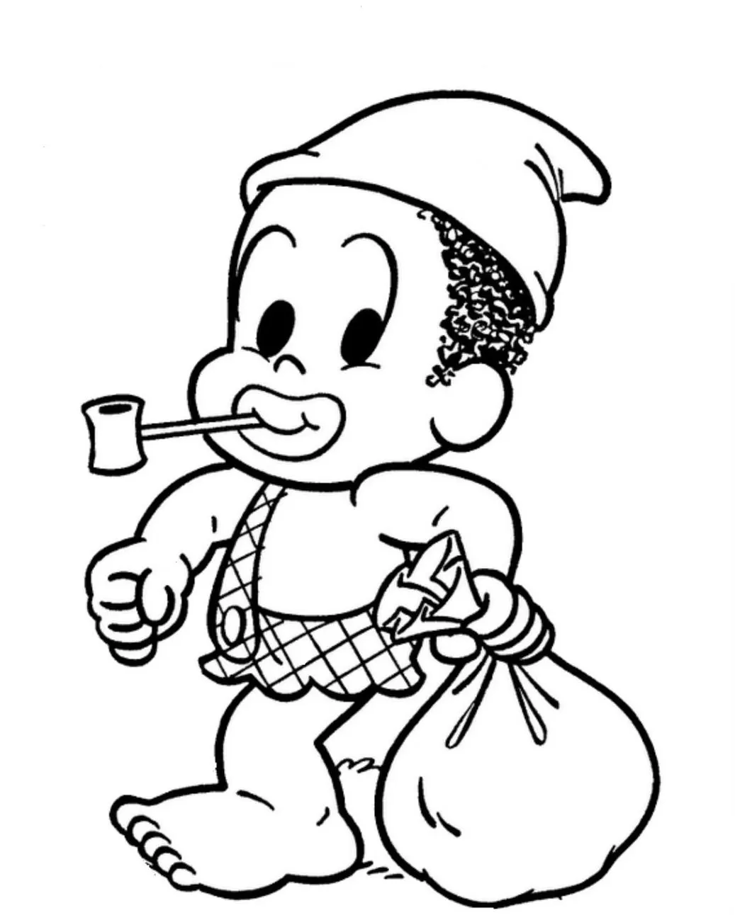 Desenho para colorir do Saci-Pererê, figura do folclore brasileiro com gorro vermelho, cachimbo e sacola, ideal para atividades educativas e de lazer.