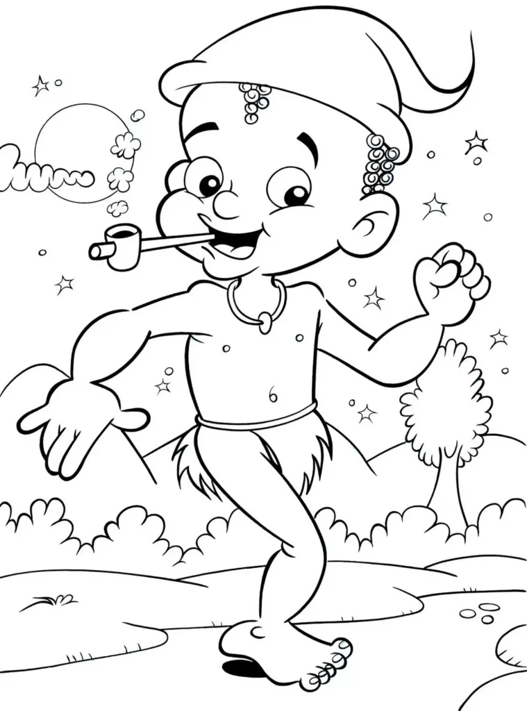 Desenho para colorir do Saci Pererê: figura folclórica brasileira em cenário campestre