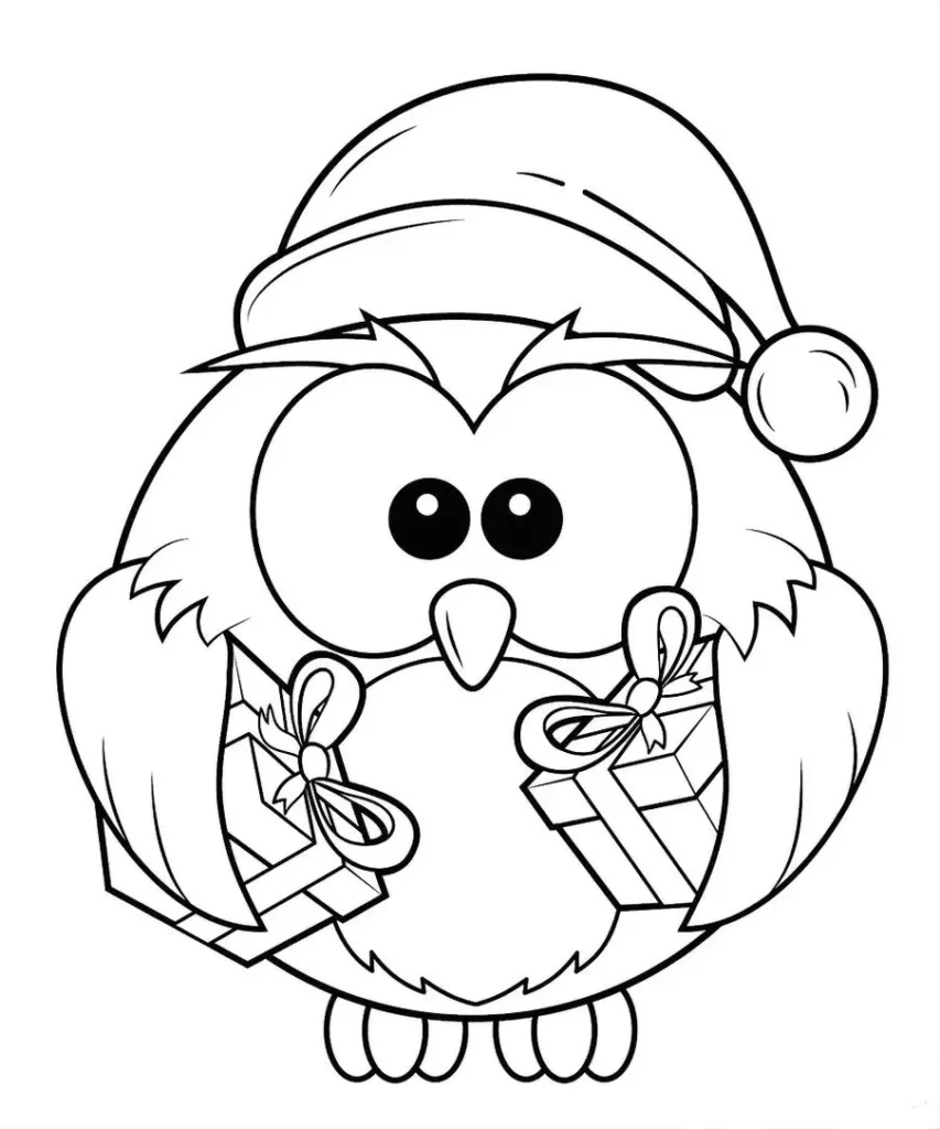 Coruja de Natal com presentes para colorir. Desenho festivo de coruja com gorro de Papai Noel.