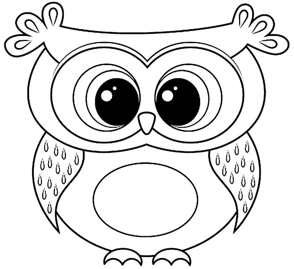 Coruja estilizada para colorir: Desenho com grandes olhos e detalhes nas penas.