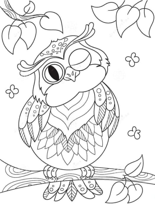 Coruja engraçada para colorir sentada em galho com flores. Desenhos de corujas para colorir.