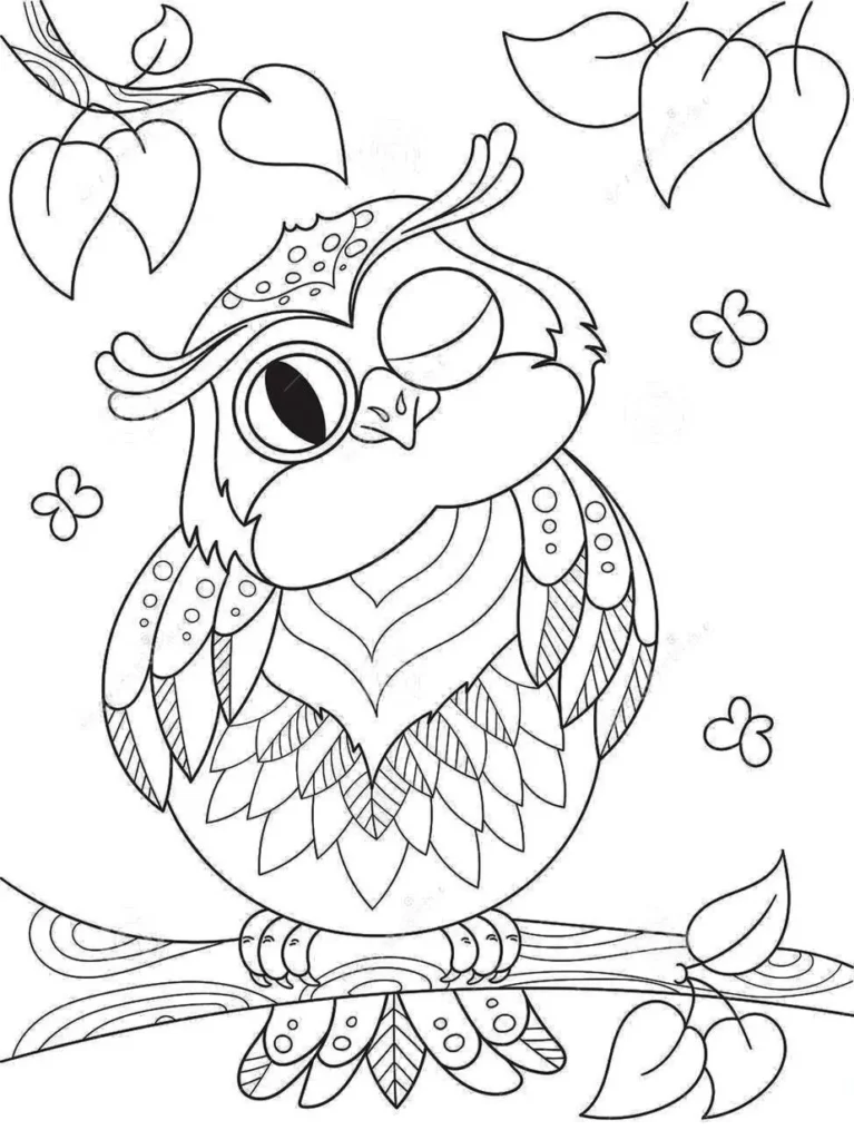 Coruja engraçada para colorir sentada em galho com flores. Desenhos de corujas para colorir.