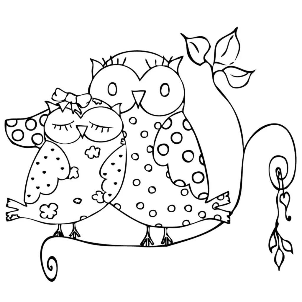 Desenhos de corujas para colorir: mãe e filhote em galho com folhas.