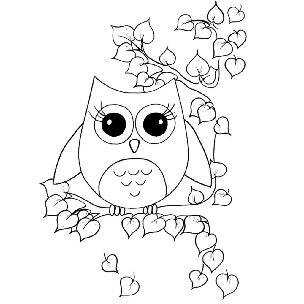 Desenhos de Corujas para colorir em PDF. Coruja no galho.