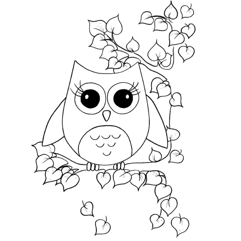 Coruja no galho: Desenho para colorir com coruja estilizada e folhas
