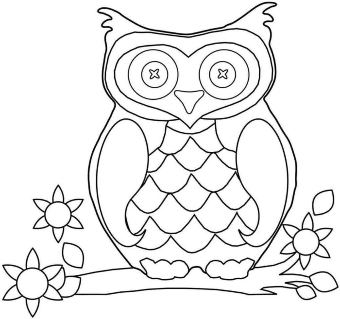 Desenho de coruja noturna detalhada para colorir com flores