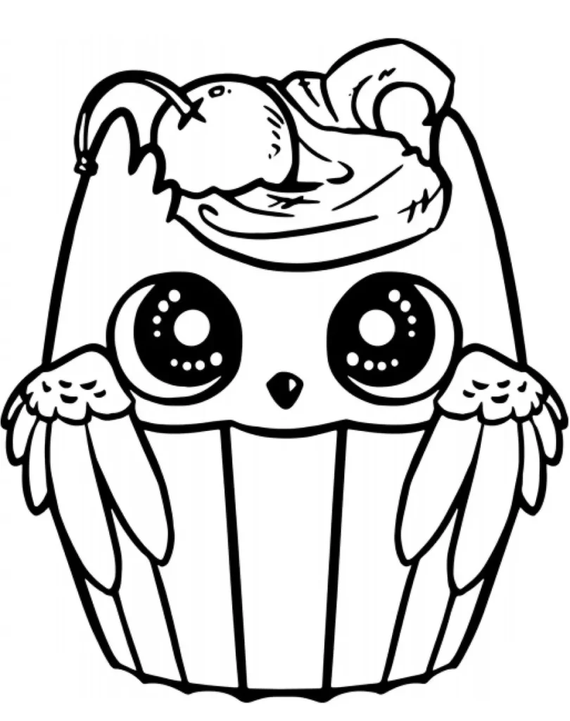 Coruja Cupcake para Colorir: Desenho divertido com olhos expressivos e cobertura de cupcake.