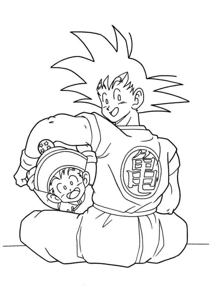 Desenhos de Goku para colorir Goku e Gohan Goku e Gohan para colorir: imagem de Goku sorrindo com Gohan usando chapéu com estrelas.