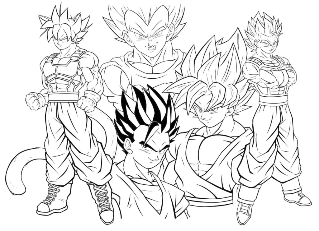 Desenhos de Goku para colorir Goku várias faces Desenhos de Goku e Vegeta para colorir: transformações Saiyajins.