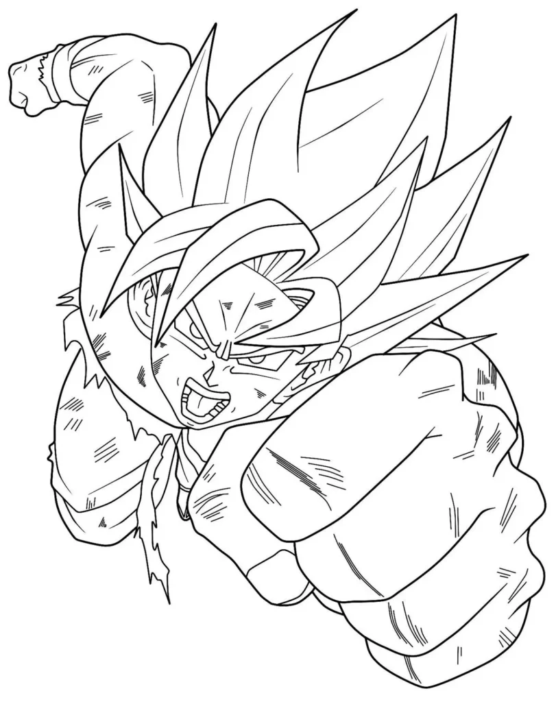 Desenhos de Goku para colorir Goku voando Goku Super Saiyajin em voo: desenho para colorir do poderoso guerreiro.