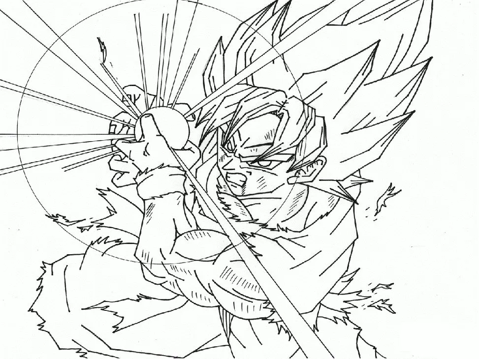 Desenhos de Goku para colorir Super poder de Goku Goku Super Saiyajin concentrando poder para colorir. Desenho detalhado da transformação de Goku com energia e aura intensas.