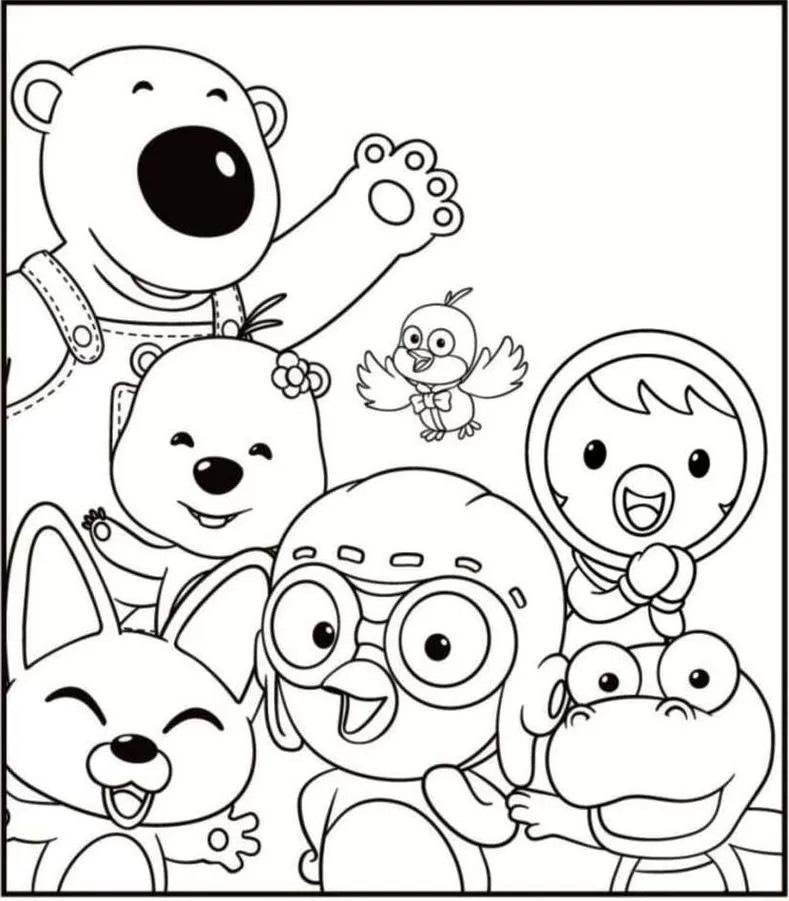 Pororo e seus amigos: desenhos para colorir com Poby, Harry, Petty, Loopy e Crong.