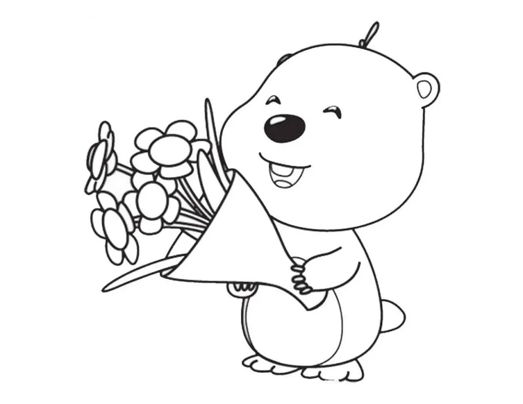 Loopy de Pororo para colorir: desenho fofo segurando flores