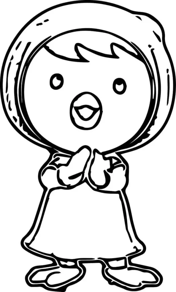 Petty de Pororo para colorir: Desenho da Petty com casaco e capuz, ideal para atividades de pintura.
