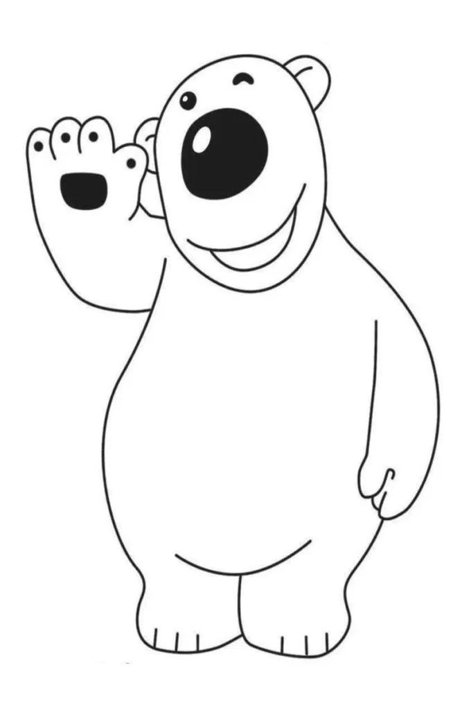 Poby, o urso de Pororo, pronto para colorir. Desenho de um urso amigável acenando.