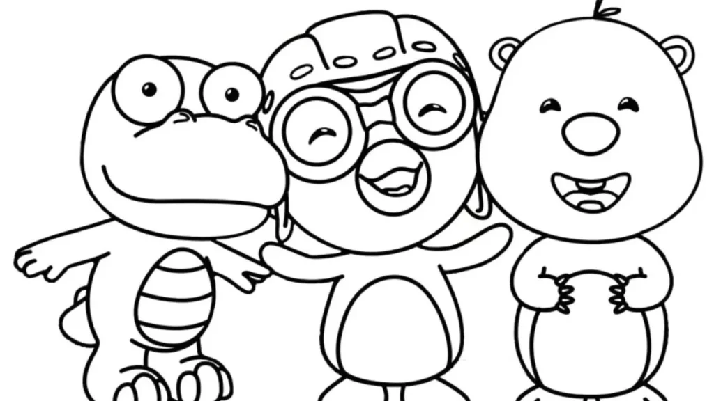 Pororo, Crong e Loopy para colorir: desenho dos personagens em pose amigável.