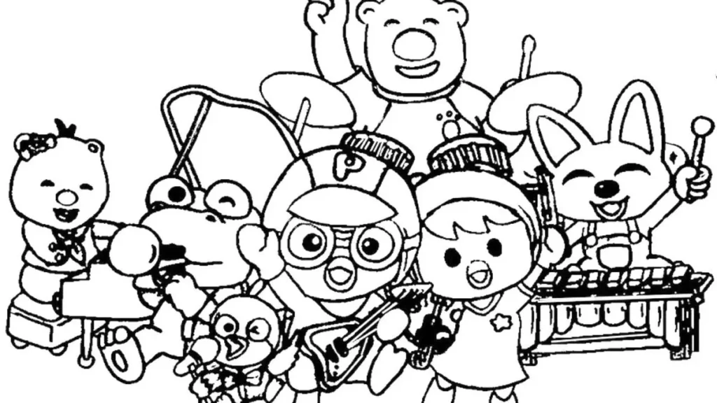 Pororo e amigos formando banda musical: imagens para colorir.