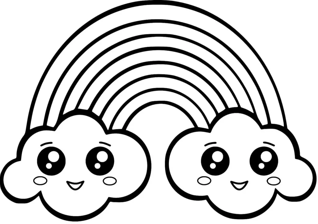 Arco-íris kawaii para colorir com nuvens fofas e sorridentes.
