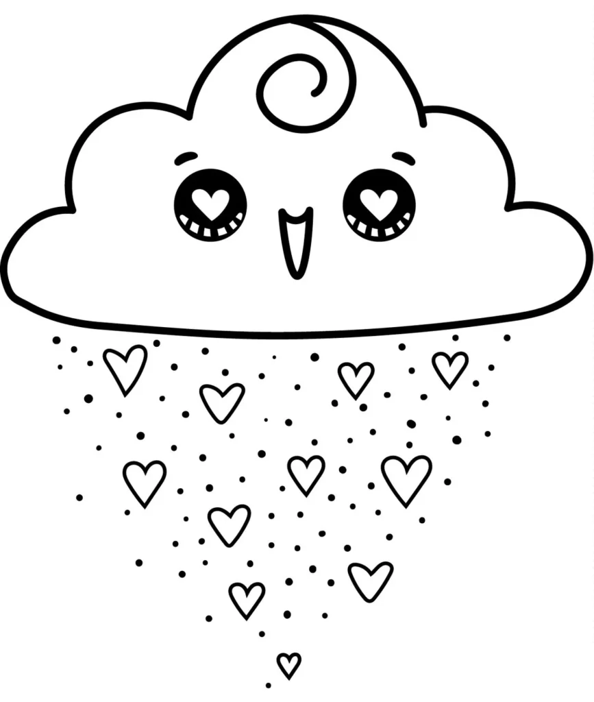 Nuvem Kawaii chuvosa com corações para colorir. Desenho fofo com rosto amigável e adornos.