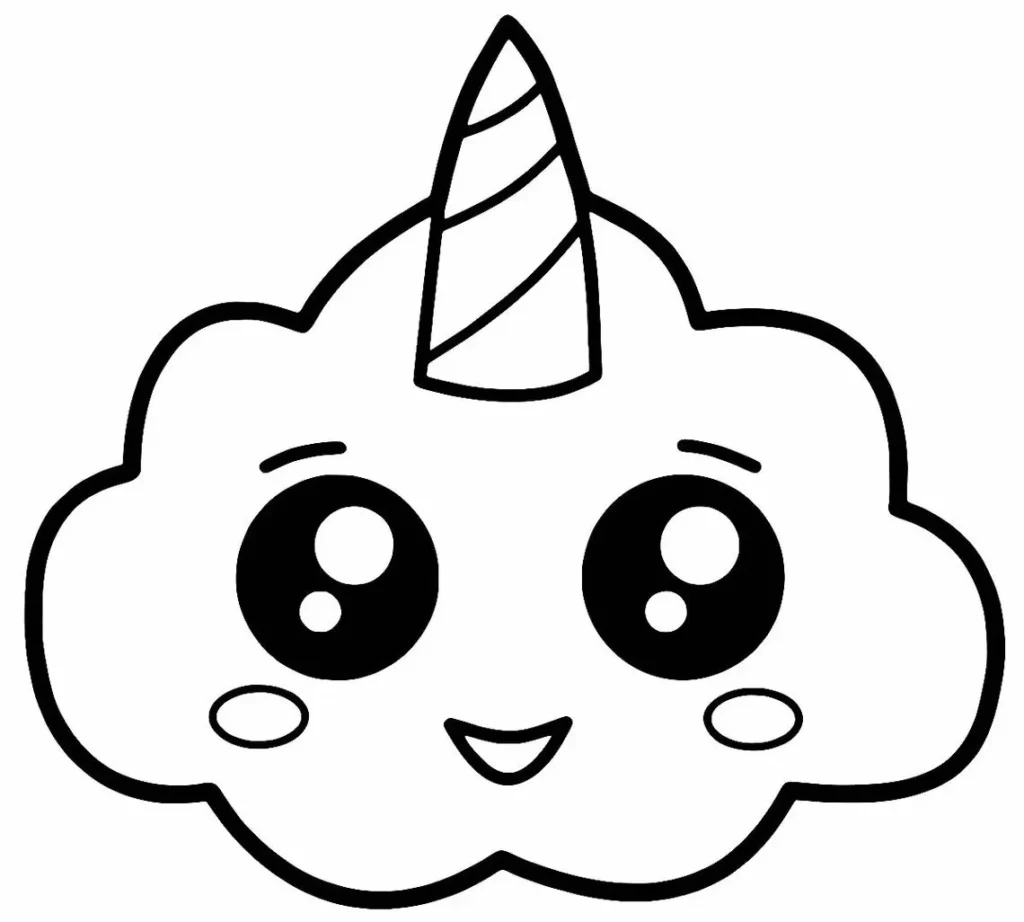 Nuvem unicórnio kawaii para colorir: desenho fofo com chifre listrado, olhos grandes e bochechas coradas. Ideal para atividades criativas.