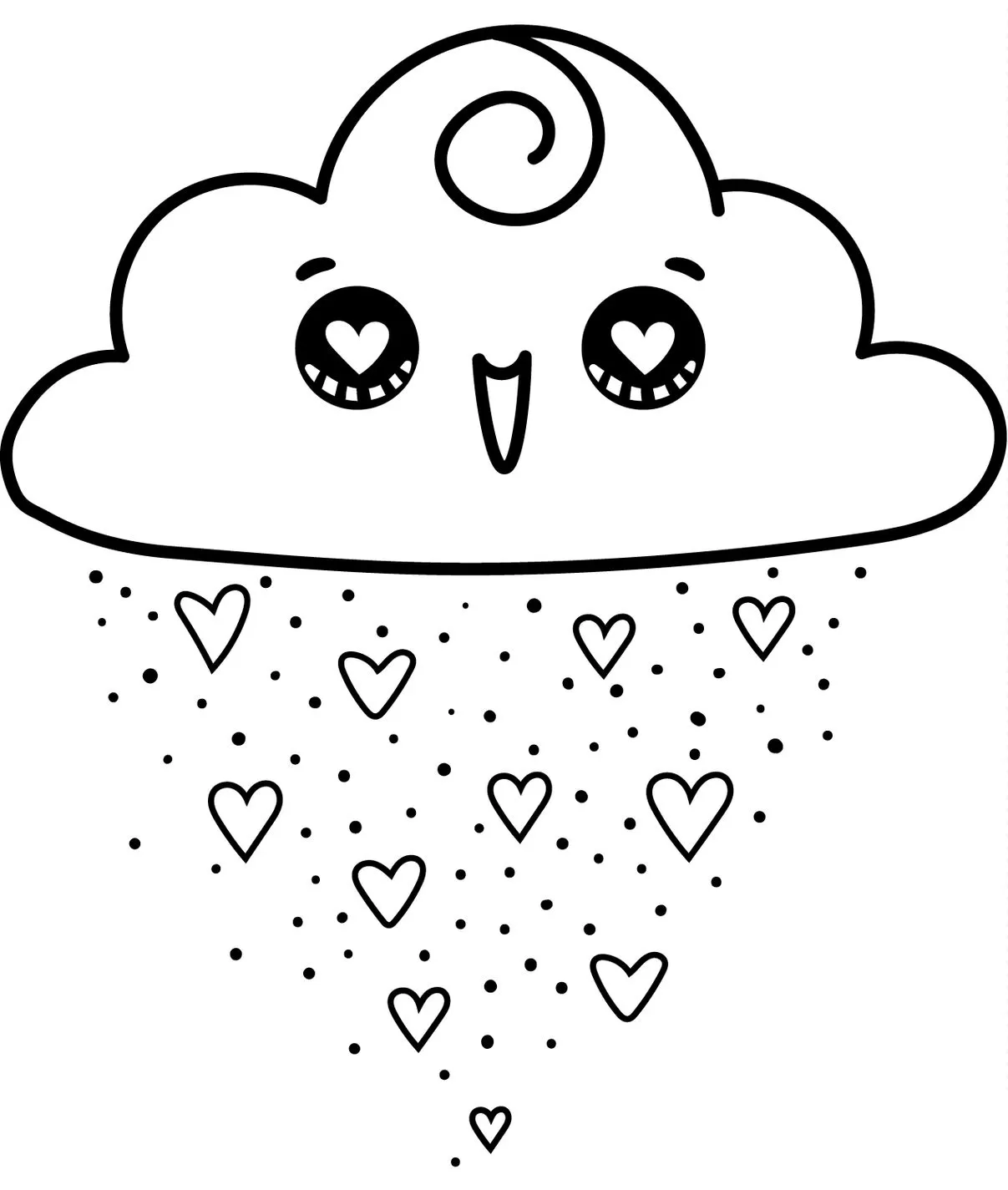 Desenhos Kawaii da Natureza para colorir Nuvem Nuvem Kawaii chuvosa com corações para colorir. Desenho fofo com rosto amigável e adornos.