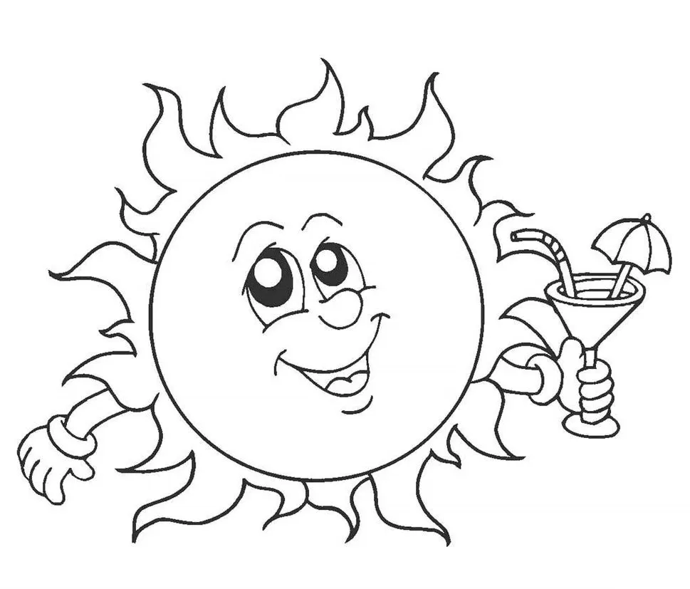 Sol Kawaii relaxando e saboreando suco: desenho para colorir com tema de verão.