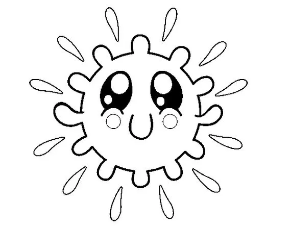 Solzinho kawaii sorrindo: desenho adorável para colorir com grandes olhos e raios arredondados.