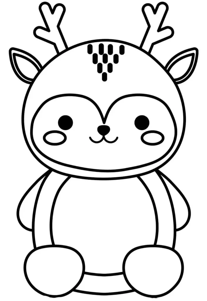 Alce Kawaii para colorir: desenho fofo com olhos grandes e focinho de coração.