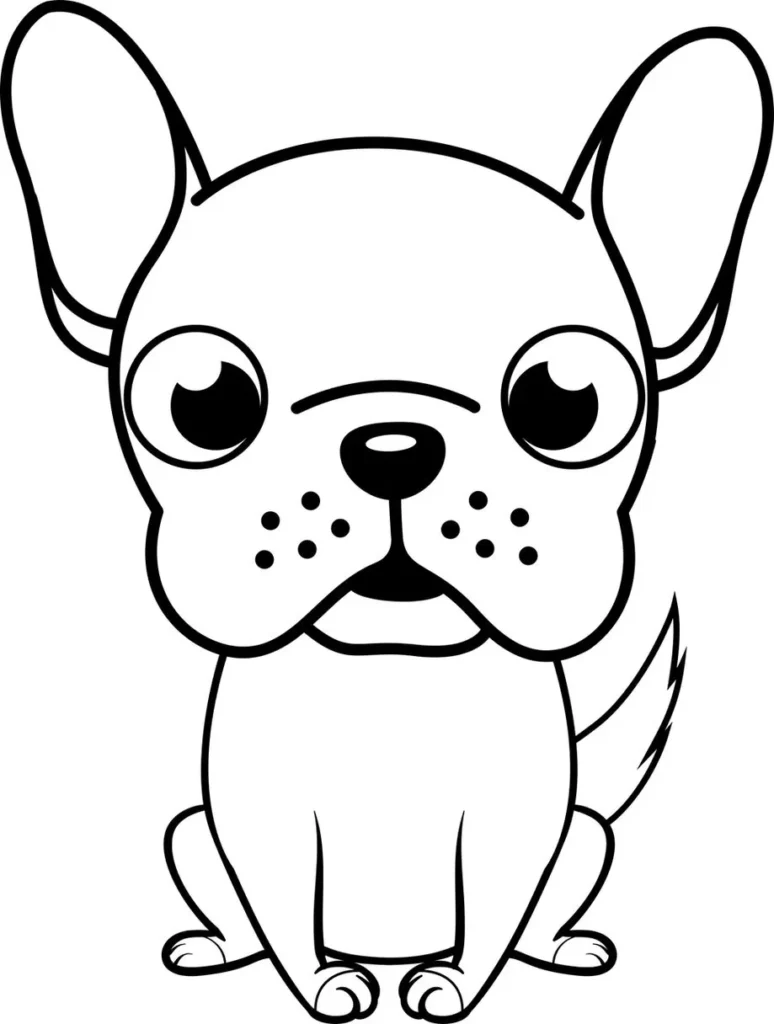 Cachorro buldogue francês kawaii para colorir. Desenho adorável com olhos grandes e corpo fofo.