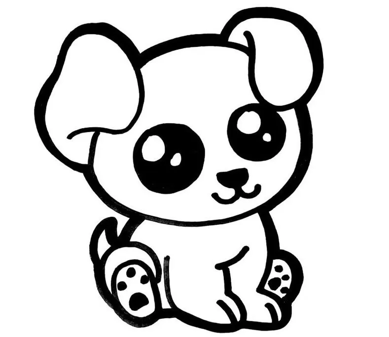 Cachorro fofinho kawaii para colorir. Desenho adorável de filhote com olhos grandes e orelhas caídas.