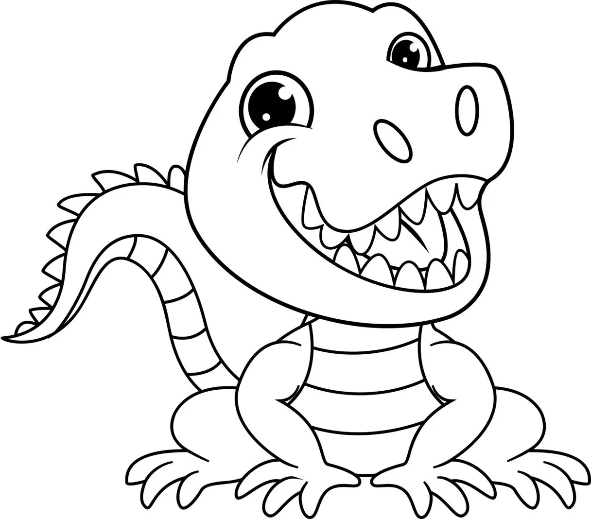 Jacaré kawaii para colorir: desenho fofo com olhos grandes, sorriso e listras.