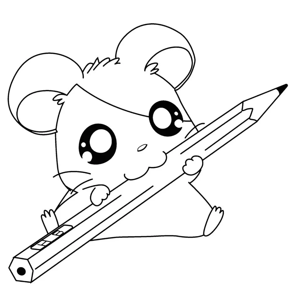 Rato Kawaii mordendo lápis: desenho adorável para colorir.