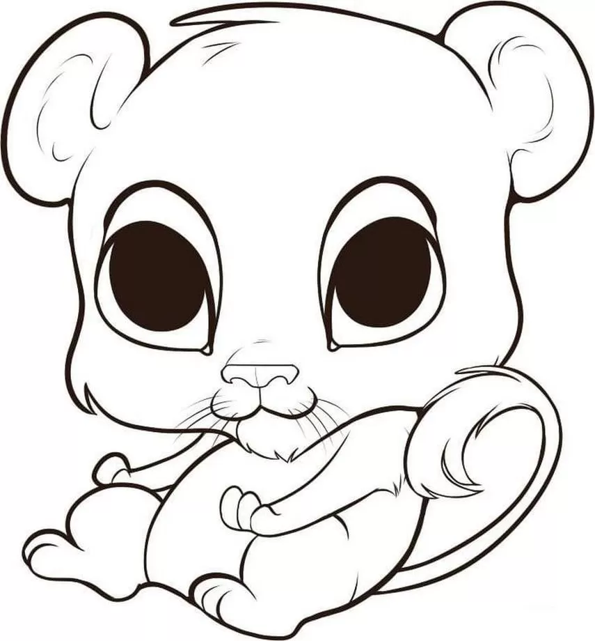 Tigre Kawaii para colorir: Desenho fofo de felino com grandes olhos e cauda enrolada.