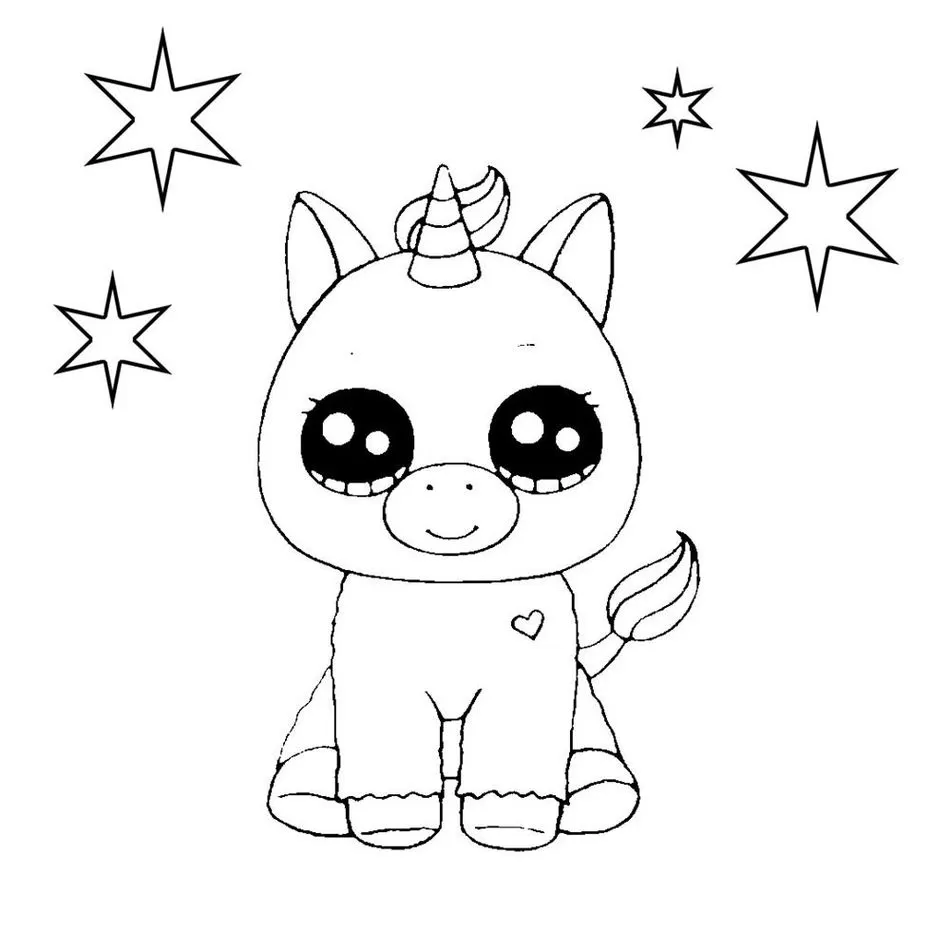 Unicórnio Kawaii para Colorir: Desenho fofo com coração e estrelas