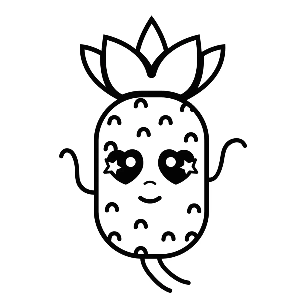 Abacaxi Kawaii para colorir: desenho fofo com olhos de coração e sorriso delicado.