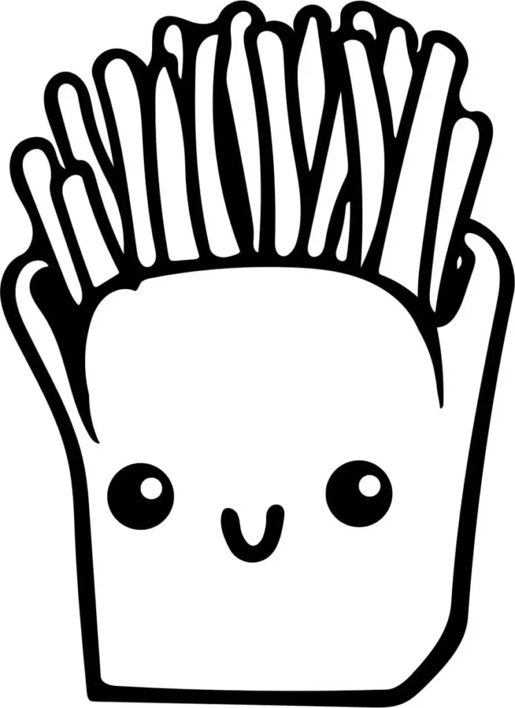 Desenho kawaii de batata frita sorrindo para colorir. Batatinhas em embalagem com rosto amigável.