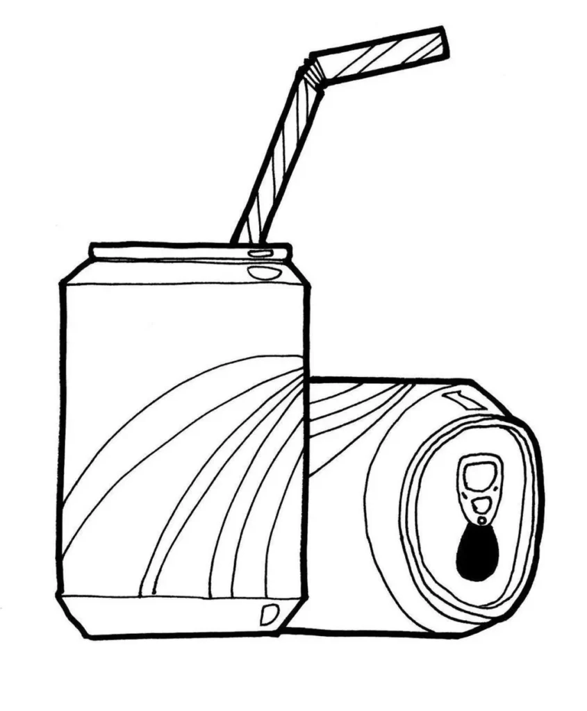 Desenho para colorir de latas de Coca-Cola em estilo Kawaii.