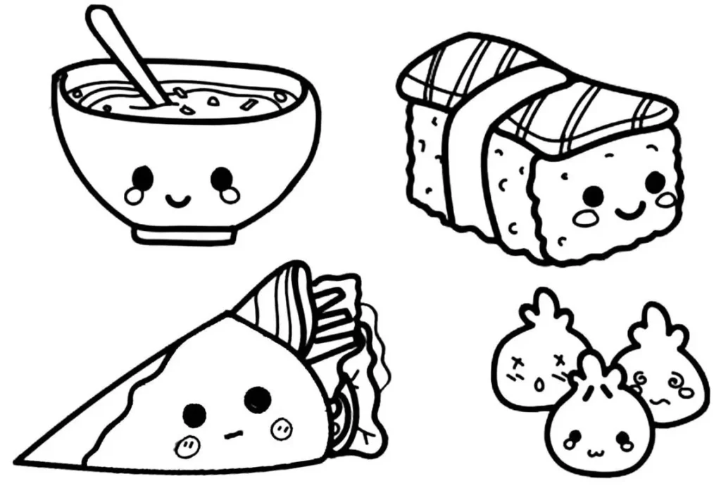 Desenhos kawaii de comida salgada para colorir: sopa, sushi, wrap e dumplings fofos.
