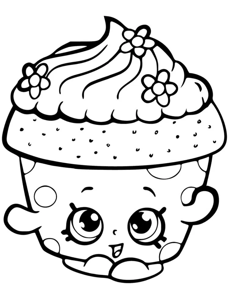 Cupcake Kawaii para colorir: desenho divertido de um bolinho com rosto e decoração floral