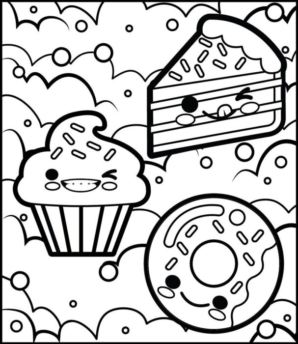 Desenhos Kawaii de Comidas Doces para colorir: Cupcake, bolo e donut fofos