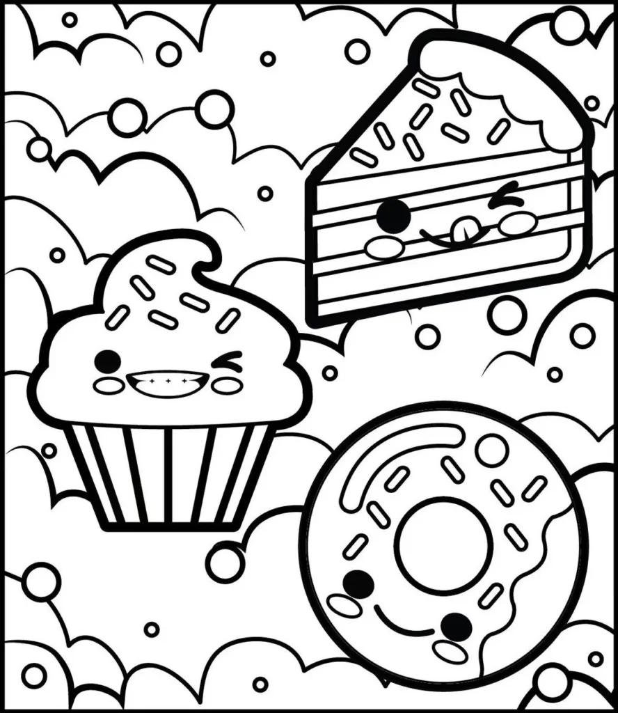 Desenhos Kawaii de Comidas Doces para colorir: Cupcake, bolo e donut fofos