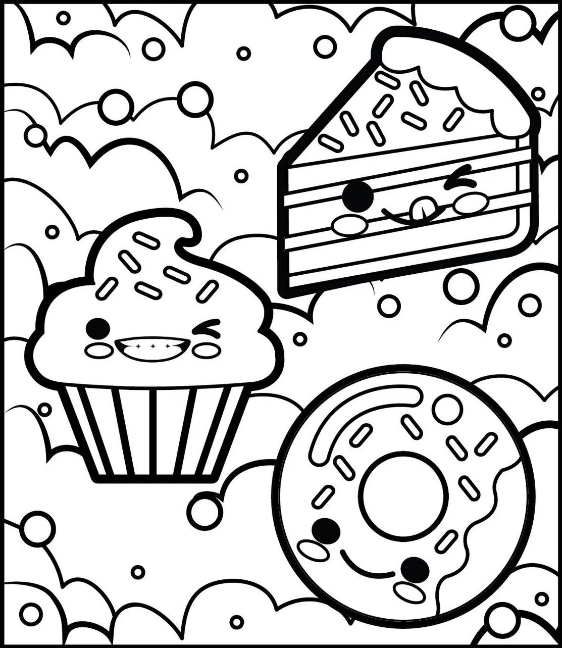 Desenhos Kawaii de Comidas Doces para colorir: Cupcake, bolo e donut fofos