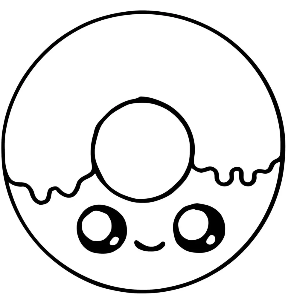 Donut Kawaii para colorir: desenho fofo de comida com rosto sorridente.