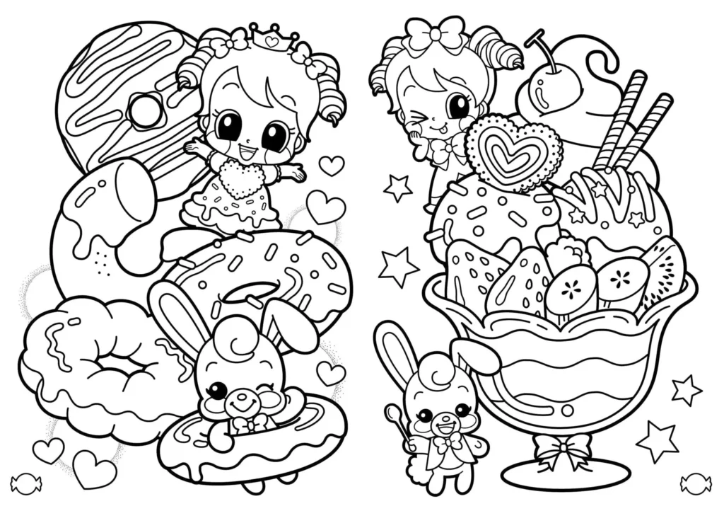 Desenhos Kawaii de Donuts e Sorvete para Colorir: Fantasia Açucarada
